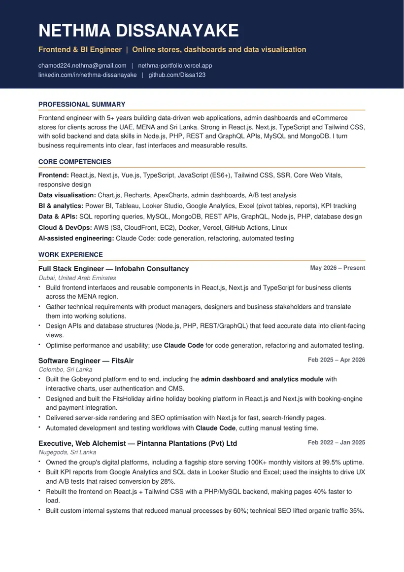 Preview of Nethma Dissanayake's CV, first page
